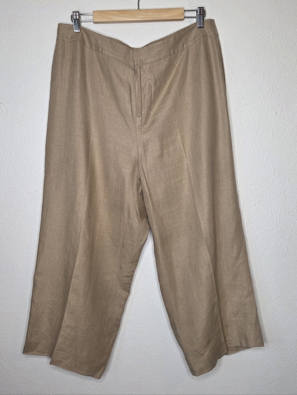 Linda Allard Ellen Tracy 100% Linen Cropped Wide Leg Pants Tan 14 Quiet Luxury